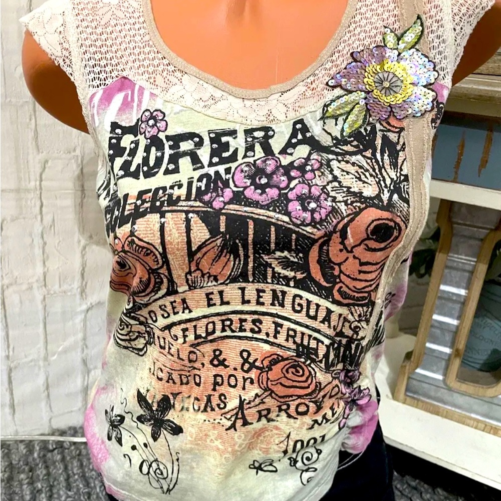 SKINNY MINNIE Embellished “ Floral” Women’s Sleeveless Top ” Sz L NWD!